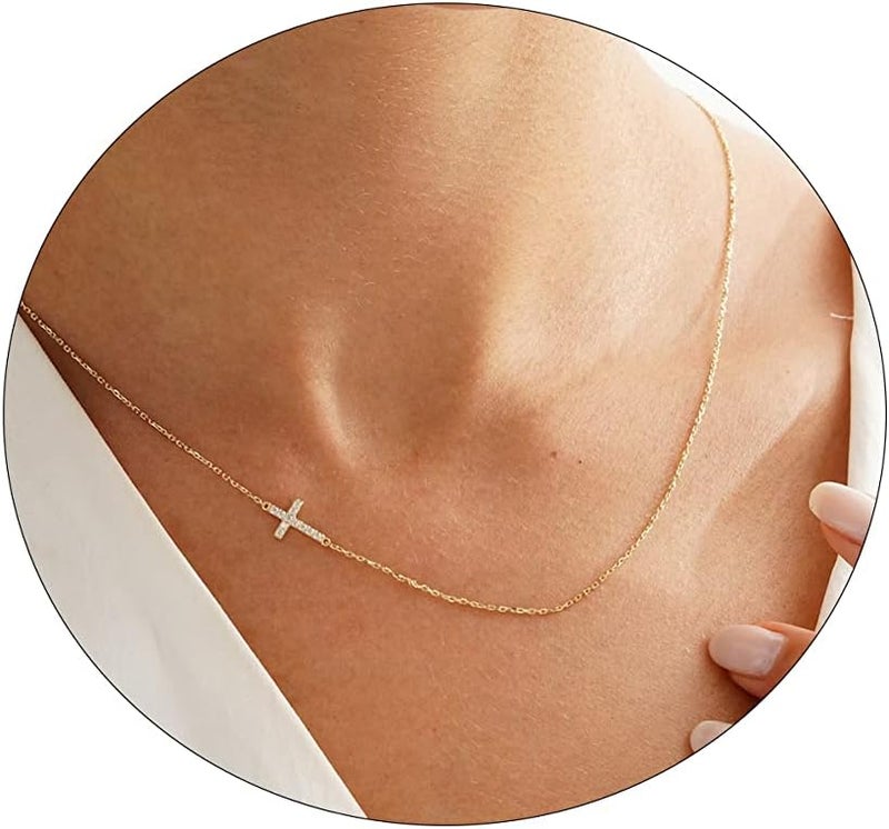 VIROMY Gold Cross Necklace for Women 14K Gold Plated Cute Sidways Cross Pendant Choker Necklaces Simple Trendy Everyday Jewelry for Women - Image 1
